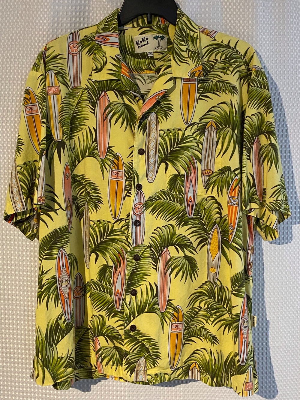 Koko Island Hawaiian Aloha Shirt XXL Surfboard Palm Print Made USA
